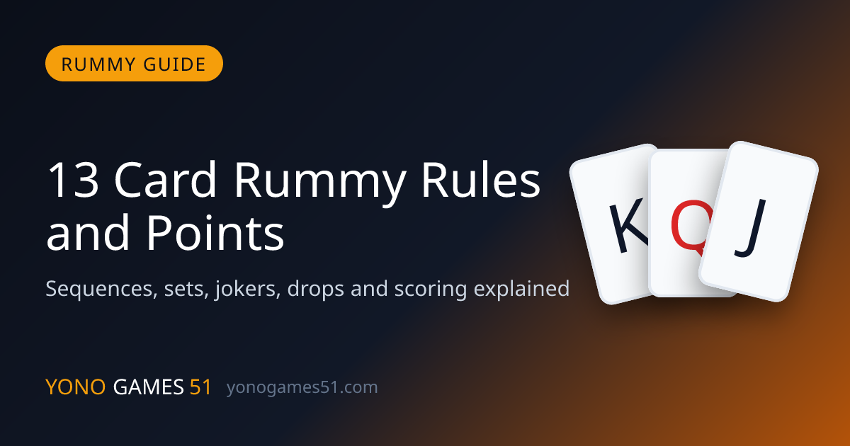 13 card Indian Rummy hand showing a pure sequence, an impure sequence with a joker, and a set